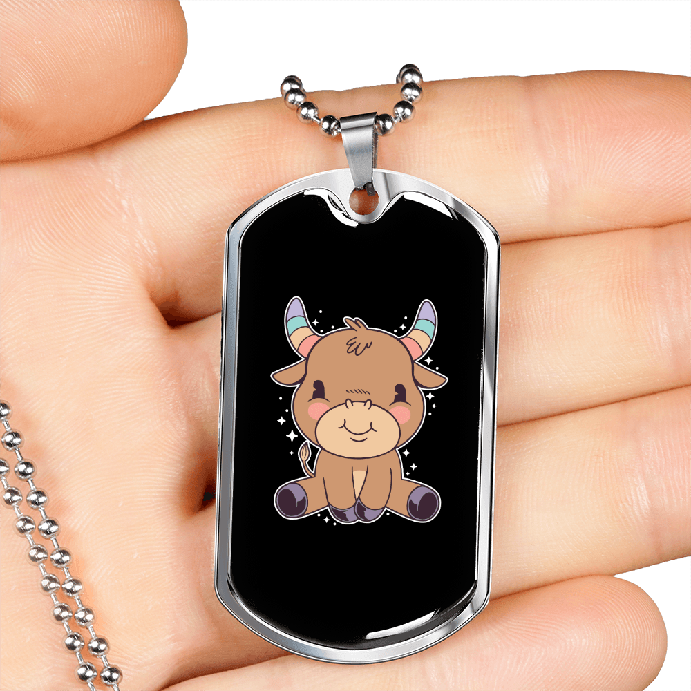 Cute Taurus Zodiac Necklace Stainless Steel or 18k Gold Dog Tag 24" Chain-Express Your Love Gifts