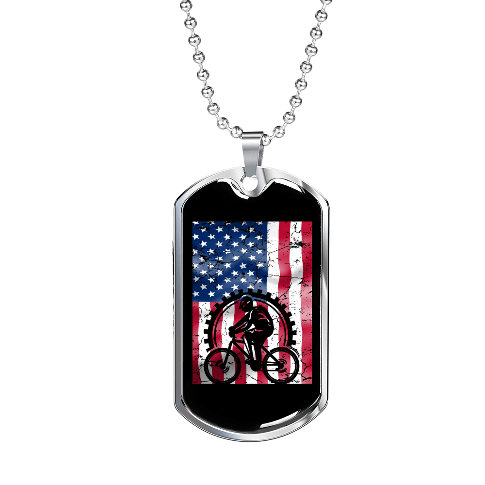 Cycling Flag Cycling Necklace Stainless Steel or 18k Gold Dog Tag 24"-Express Your Love Gifts
