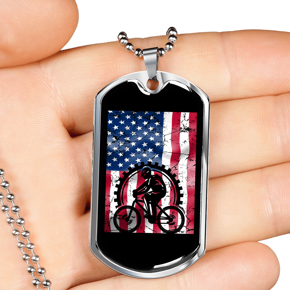 Cycling Flag Cycling Necklace Stainless Steel or 18k Gold Dog Tag 24"-Express Your Love Gifts