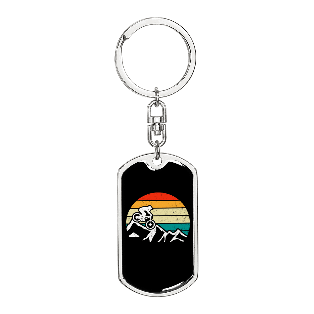 Cycling With Moon Keychain Stainless Steel or 18k Gold Dog Tag Keyring-Express Your Love Gifts