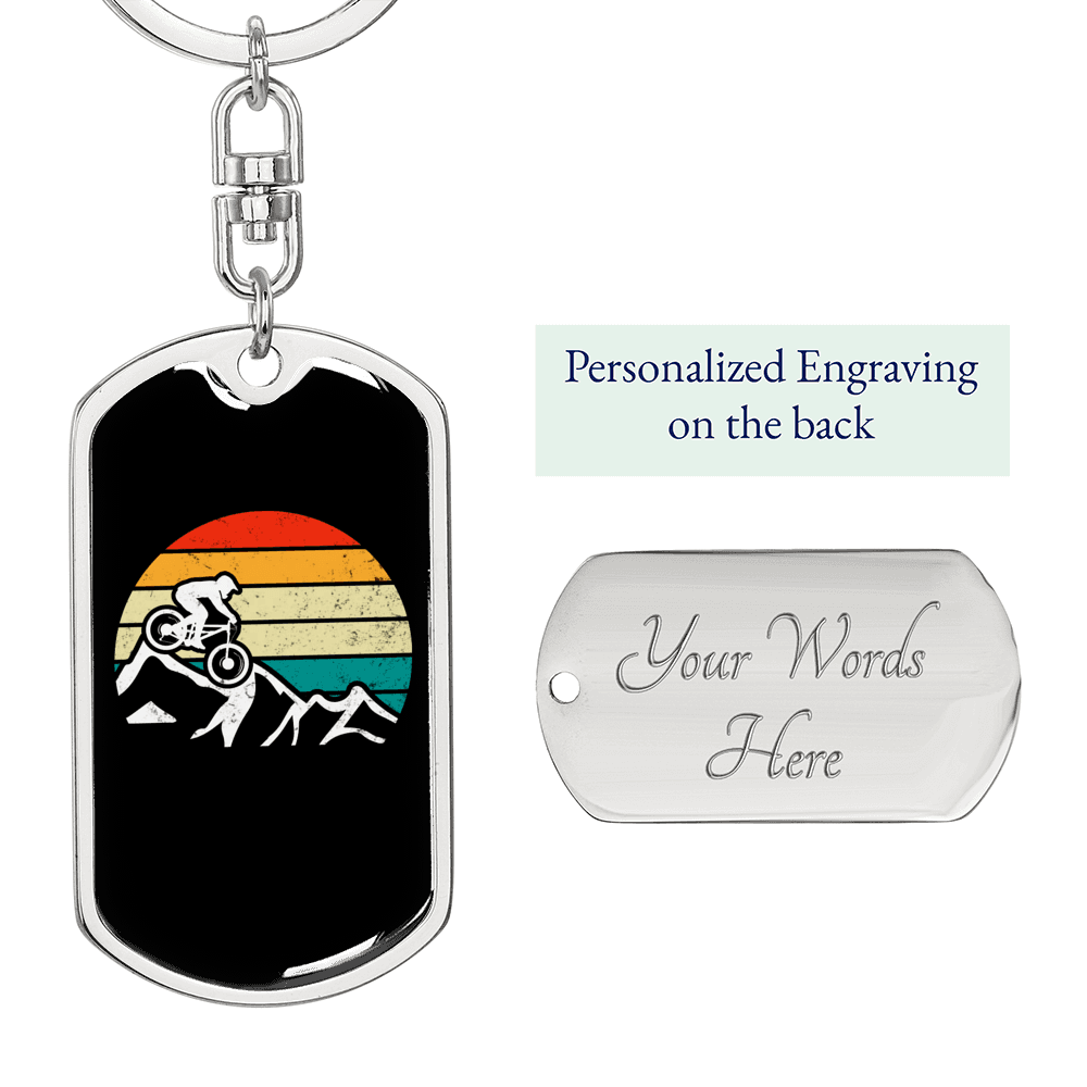 Cycling With Moon Keychain Stainless Steel or 18k Gold Dog Tag Keyring-Express Your Love Gifts