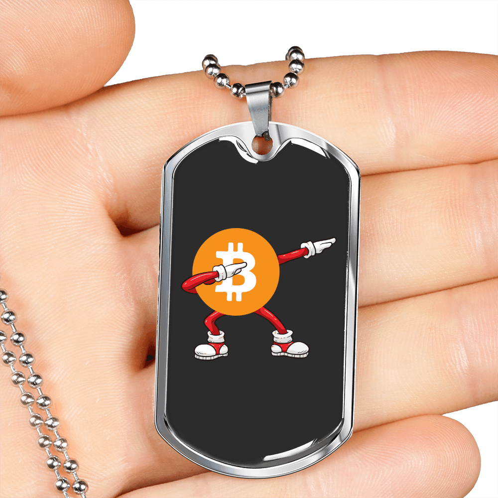 Dab Pose Bitcoin Crypto Necklace Stainless Steel or 18k Gold Dog Tag 24" Chain-Express Your Love Gifts