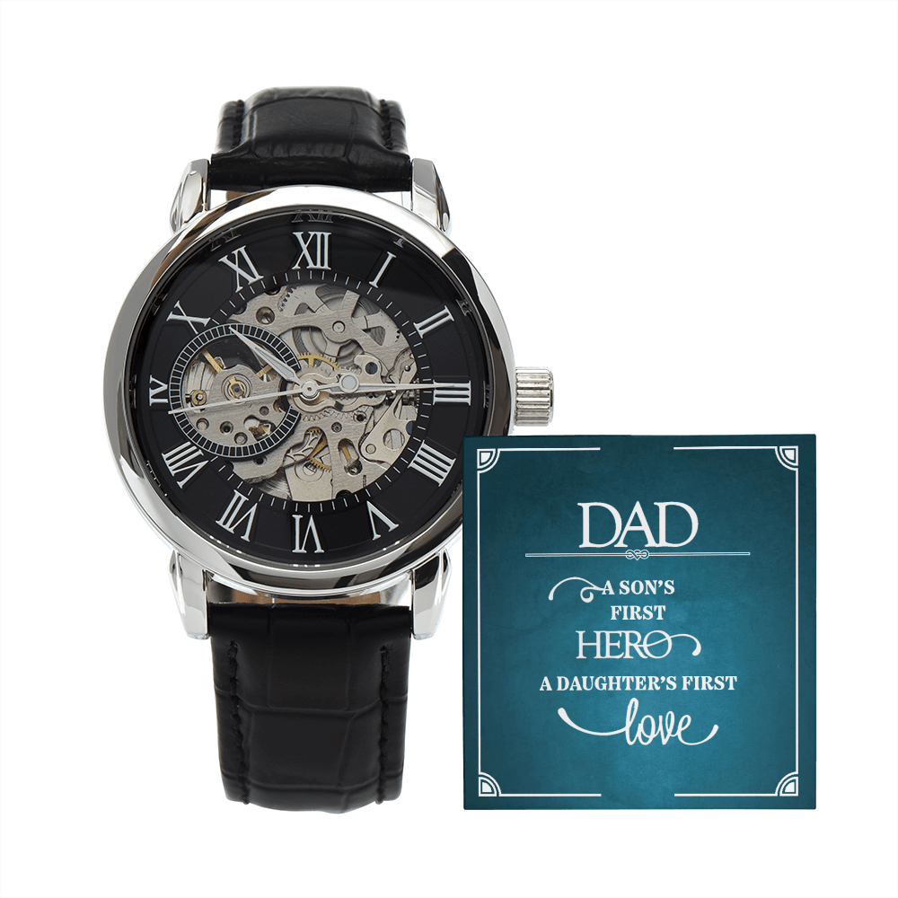 Dad a Son's First Hero Men's Openwork Watch With Message Card in Mahogany Box-Express Your Love Gifts