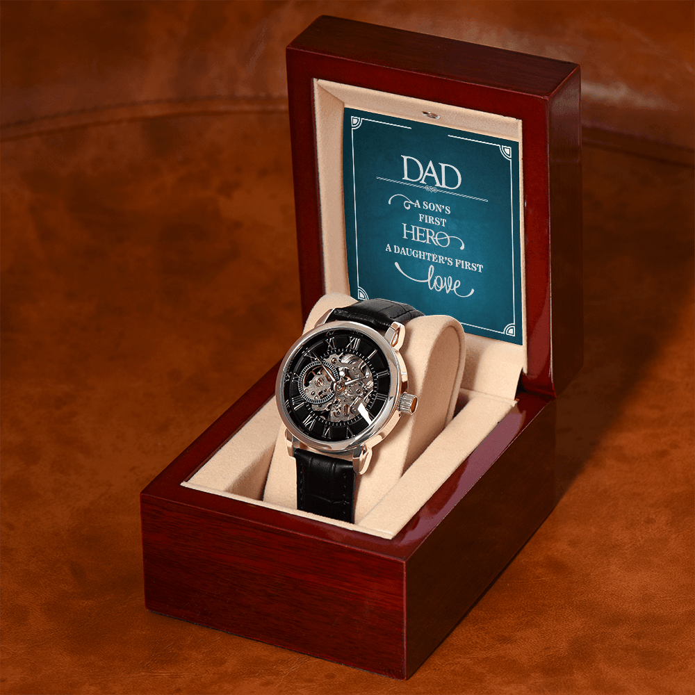 Dad a Son's First Hero Men's Openwork Watch With Message Card in Mahogany Box-Express Your Love Gifts