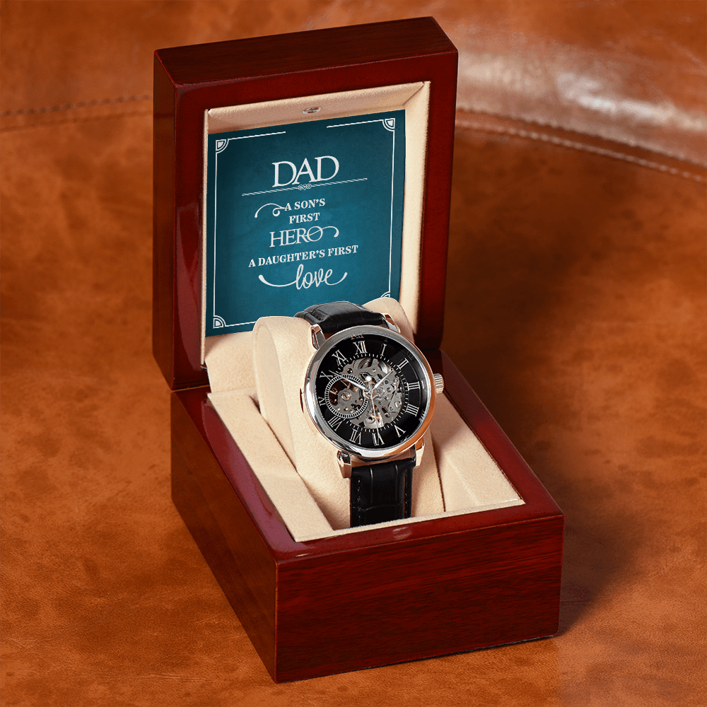 Dad a Son's First Hero Men's Openwork Watch With Message Card in Mahogany Box-Express Your Love Gifts