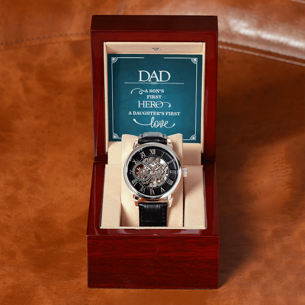 Dad a Son's First Hero Men's Openwork Watch With Message Card in Mahogany Box-Express Your Love Gifts