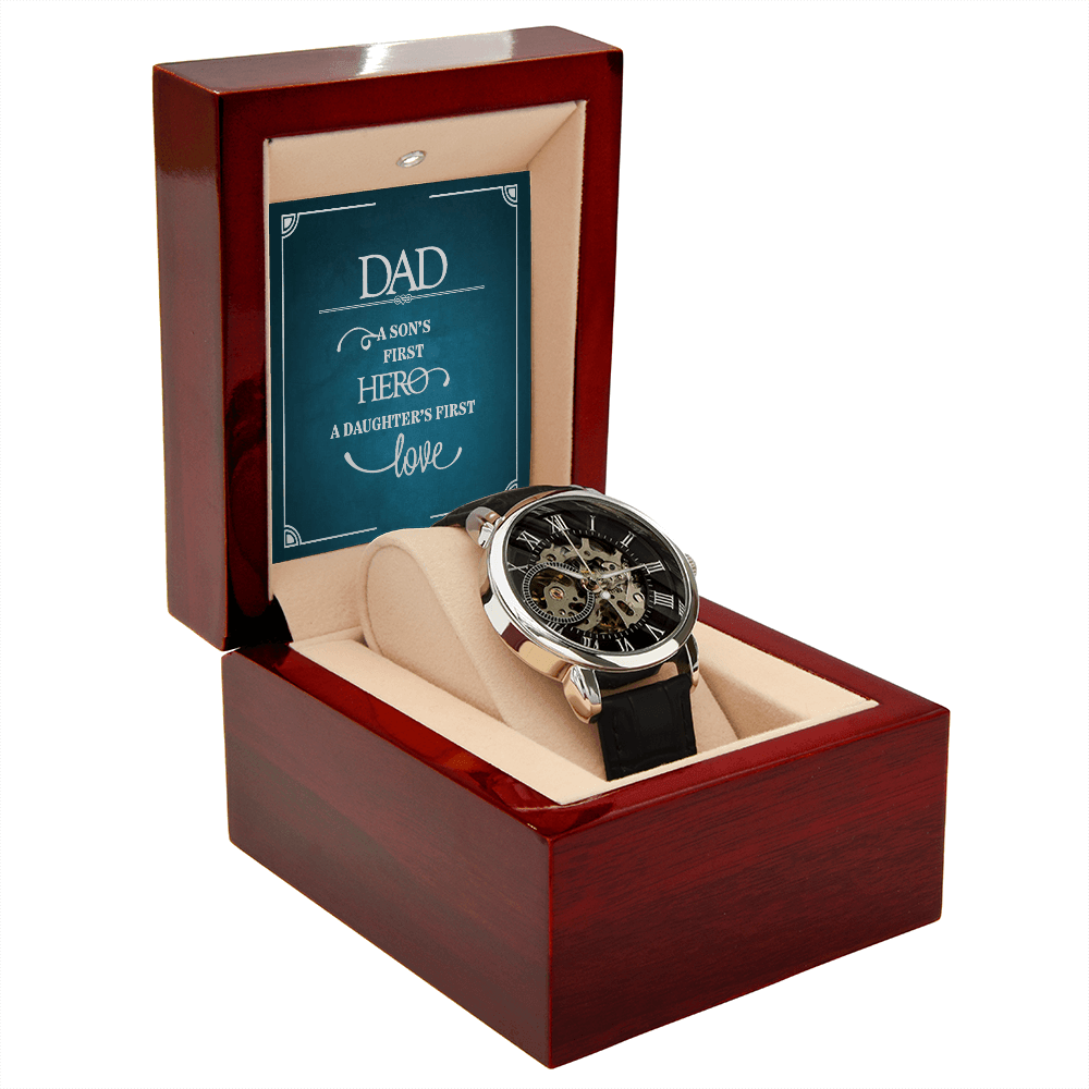Dad a Son's First Hero Men's Openwork Watch With Message Card in Mahogany Box-Express Your Love Gifts
