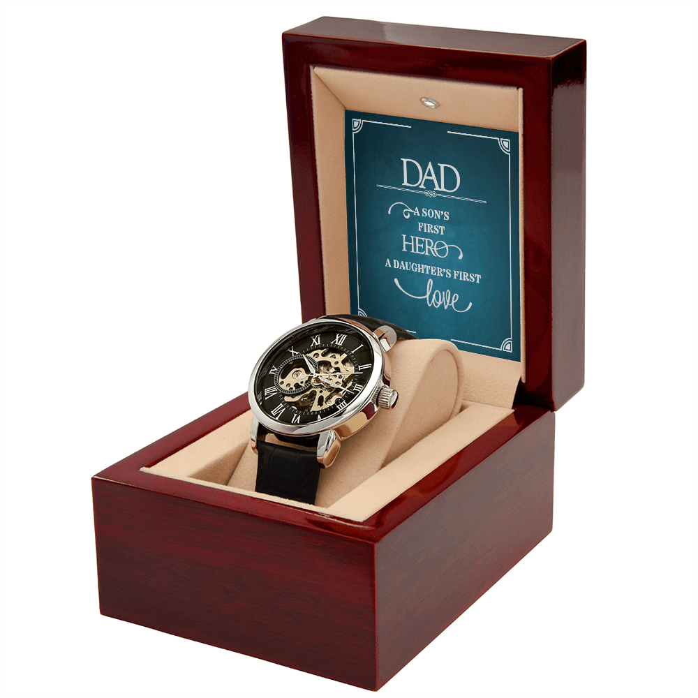 Dad a Son's First Hero Men's Openwork Watch With Message Card in Mahogany Box-Express Your Love Gifts