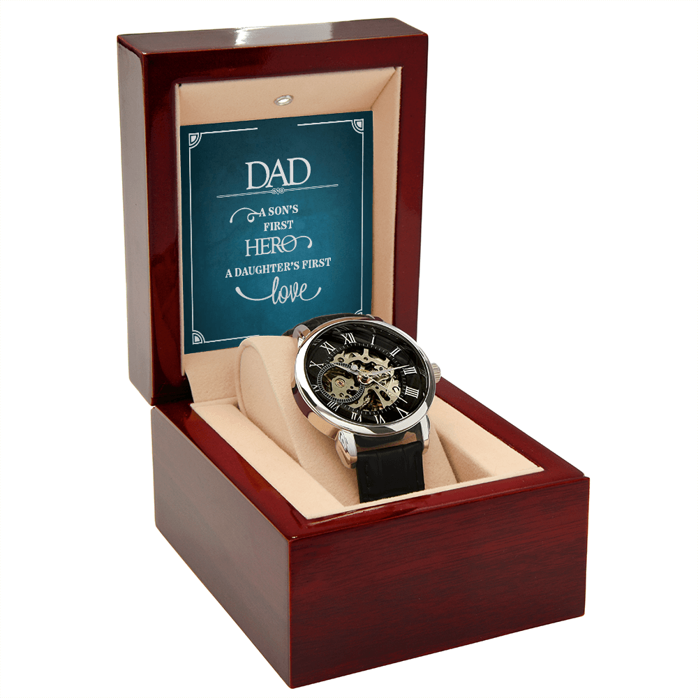 Dad a Son's First Hero Men's Openwork Watch With Message Card in Mahogany Box-Express Your Love Gifts