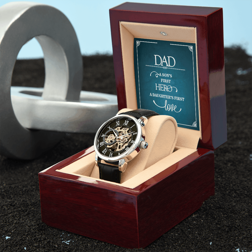 Dad a Son's First Hero Men's Openwork Watch With Message Card in Mahogany Box-Express Your Love Gifts