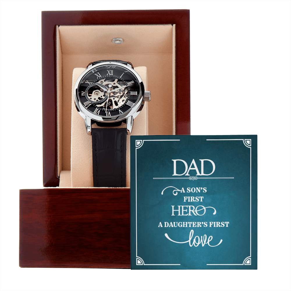Dad a Son's First Hero Men's Openwork Watch With Message Card in Mahogany Box-Express Your Love Gifts