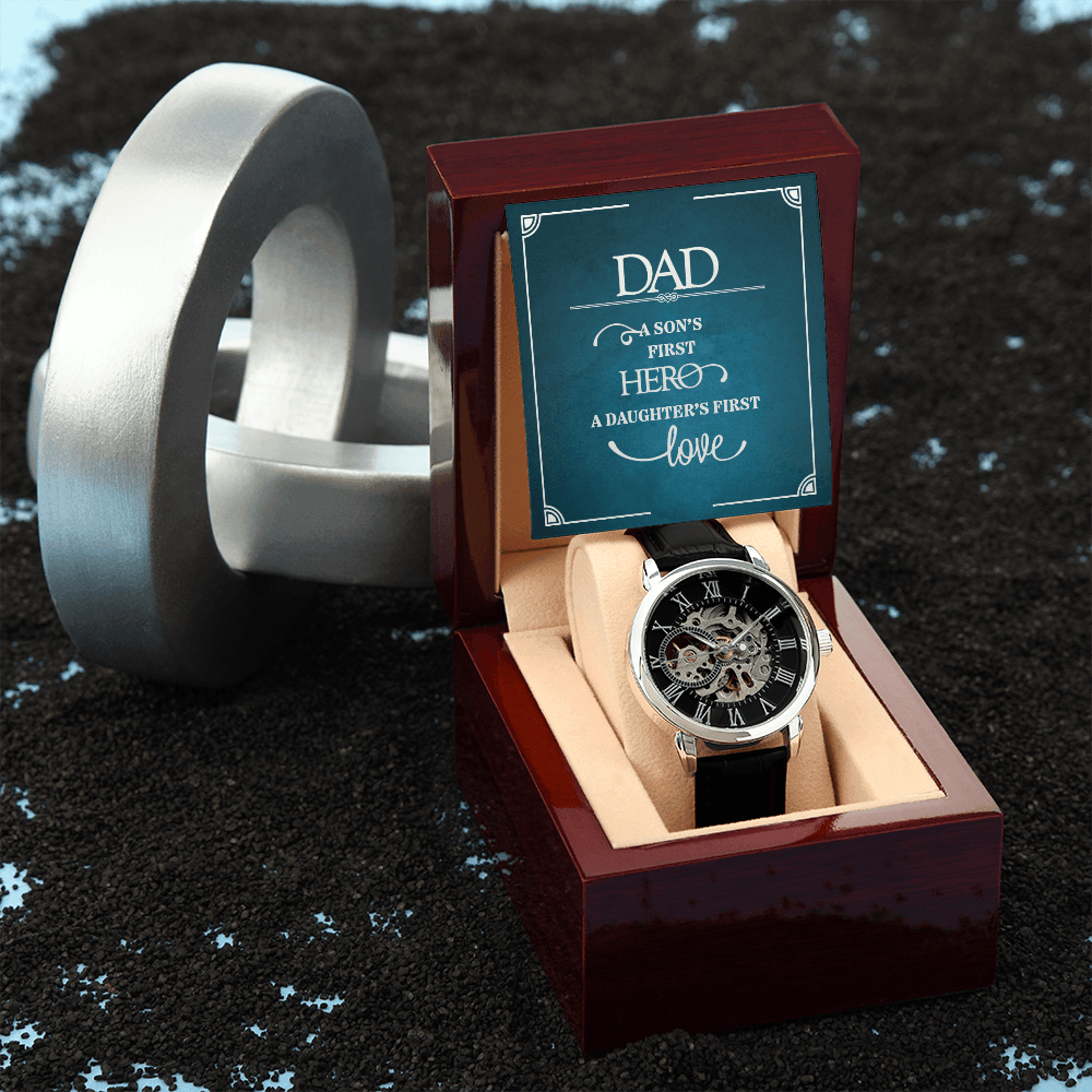 Dad a Son's First Hero Men's Openwork Watch With Message Card in Mahogany Box-Express Your Love Gifts