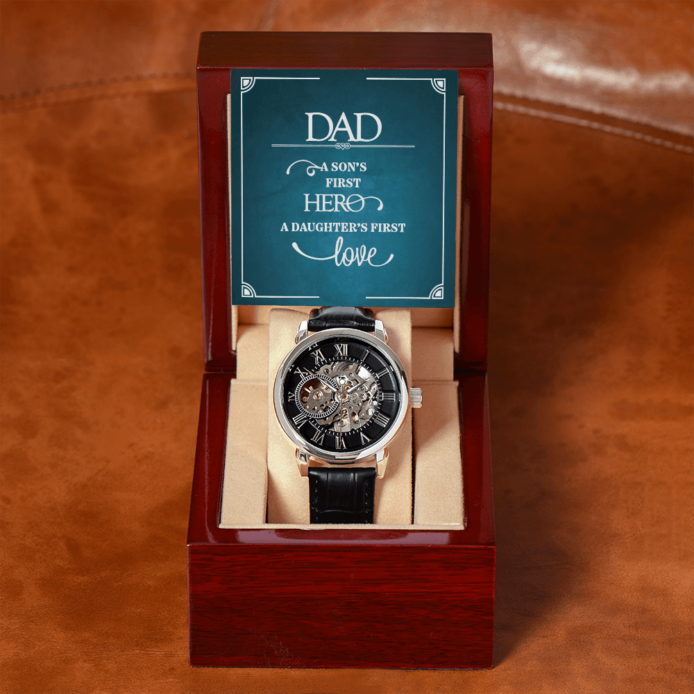 Dad a Son's First Hero Men's Openwork Watch With Message Card in Mahogany Box-Express Your Love Gifts