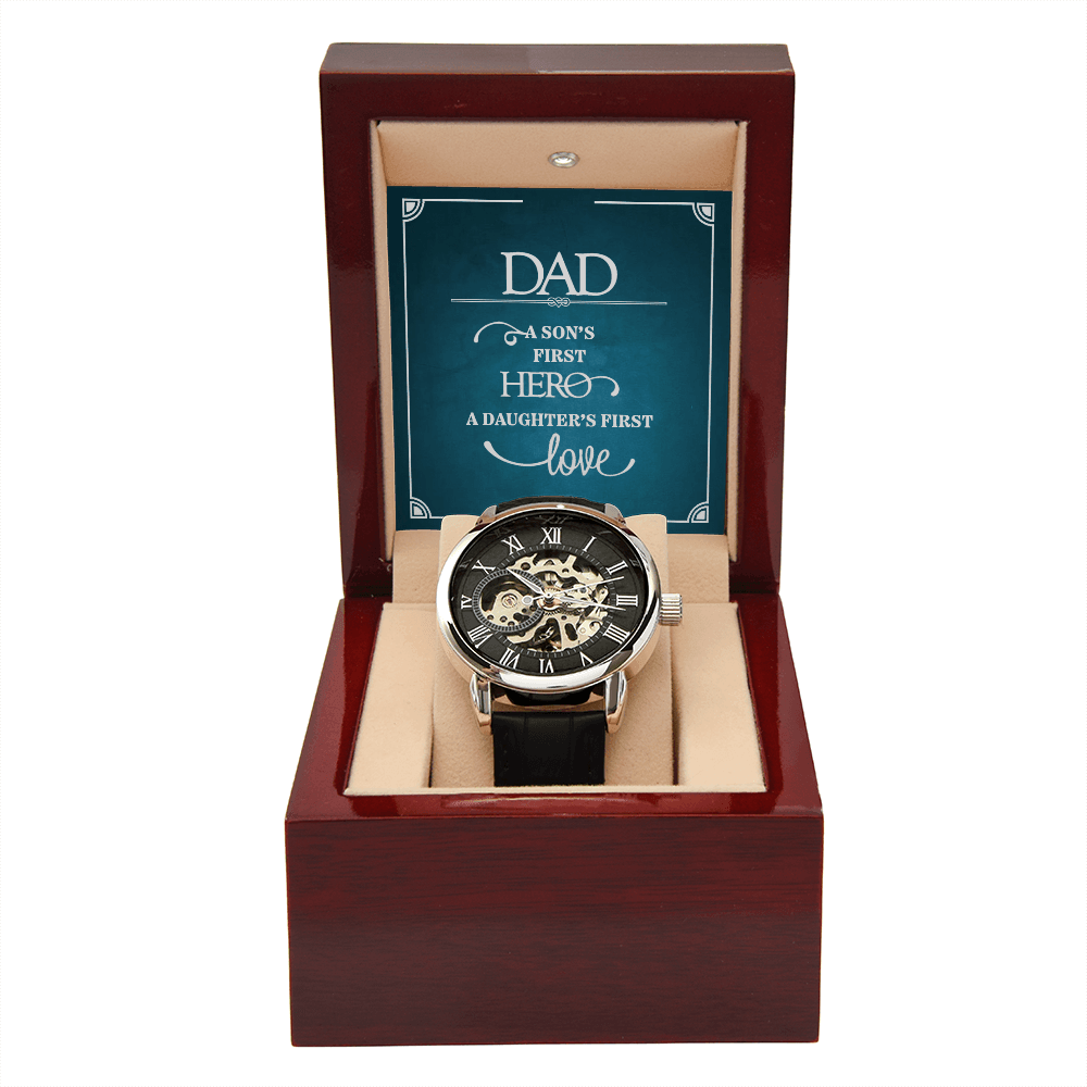 Dad a Son's First Hero Men's Openwork Watch With Message Card in Mahogany Box-Express Your Love Gifts
