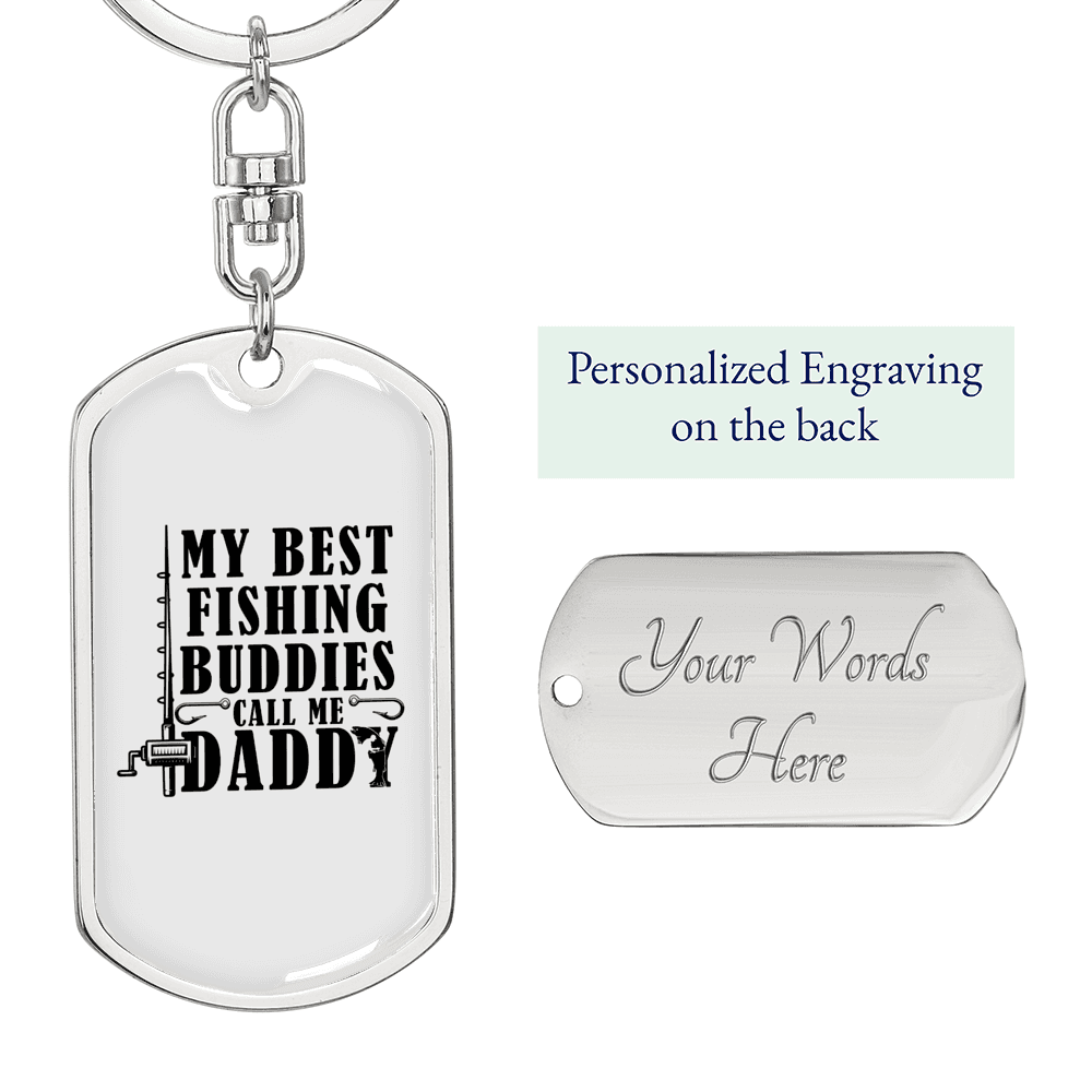 Dad Best Fishing Buddies Keychain Stainless Steel or 18k Gold Dog Tag Keyring-Express Your Love Gifts