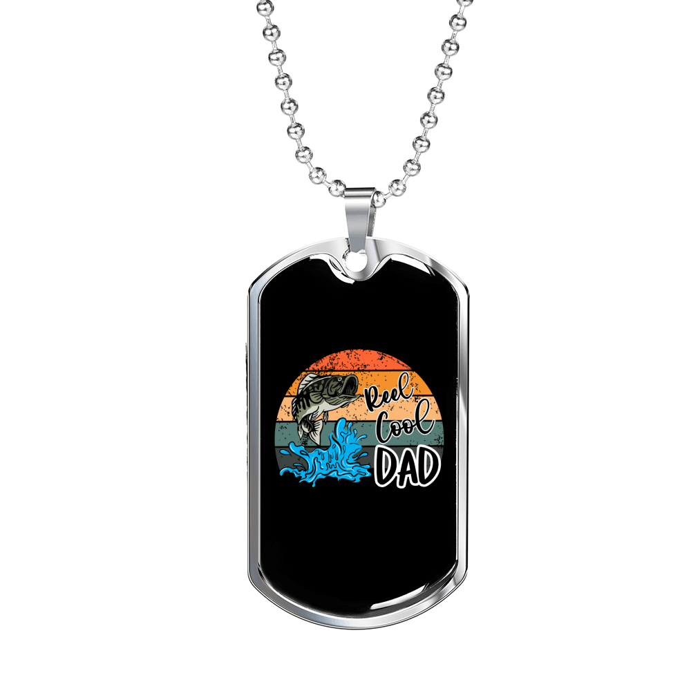 Dad Cool Reel Fishing Necklace Stainless Steel or 18k Gold Dog Tag 24" Chain-Express Your Love Gifts