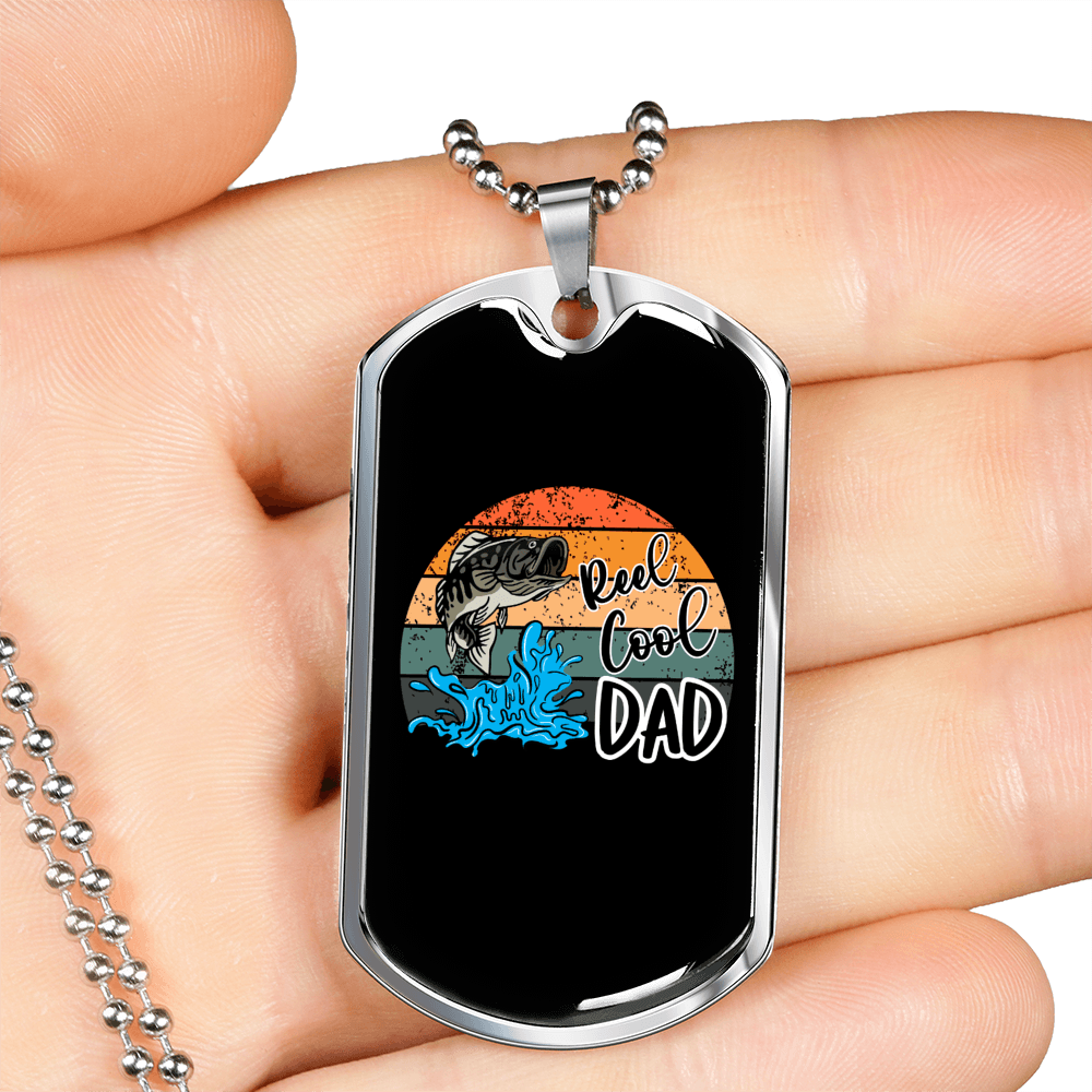 Dad Cool Reel Fishing Necklace Stainless Steel or 18k Gold Dog Tag 24" Chain-Express Your Love Gifts