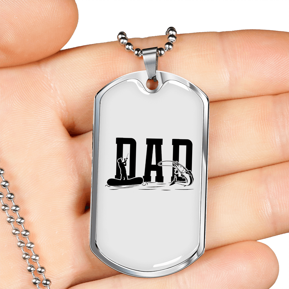 Dad Fishing Necklace Stainless Steel or 18k Gold Dog Tag 24" Chain-Express Your Love Gifts