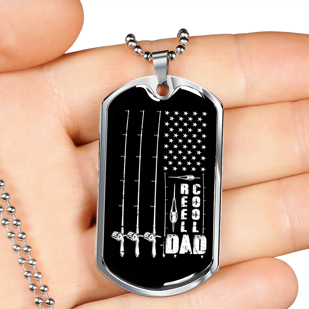 Dad Fishing Reel Cool Necklace Stainless Steel or 18k Gold Dog Tag 24" Chain-Express Your Love Gifts