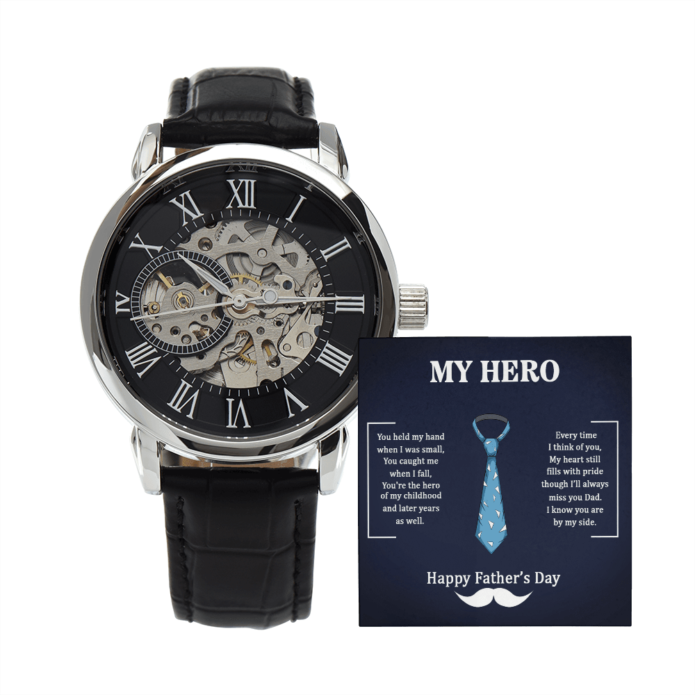 Dad My Hero Men's Openwork Watch With Mahogany Box-Express Your Love Gifts