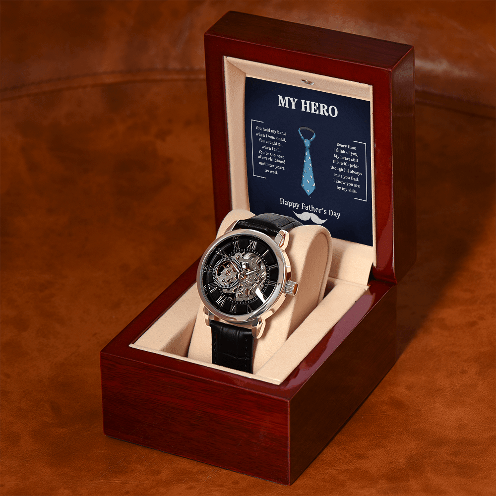 Dad My Hero Men's Openwork Watch With Mahogany Box-Express Your Love Gifts
