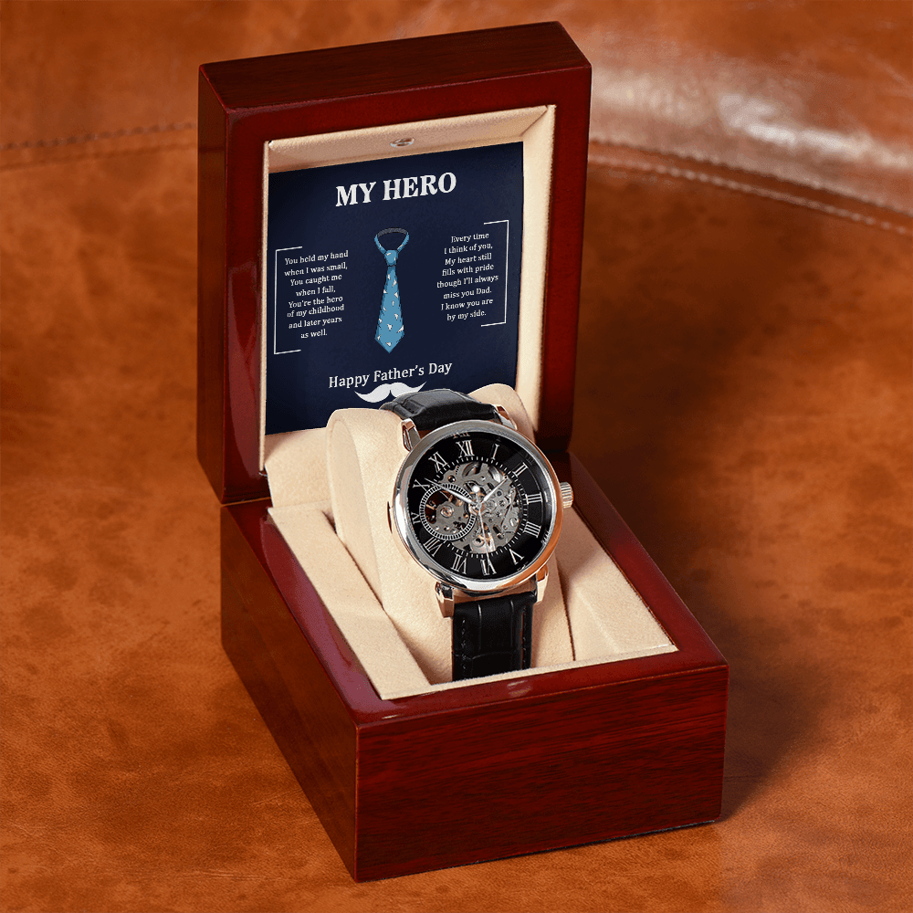 Dad My Hero Men's Openwork Watch With Mahogany Box-Express Your Love Gifts