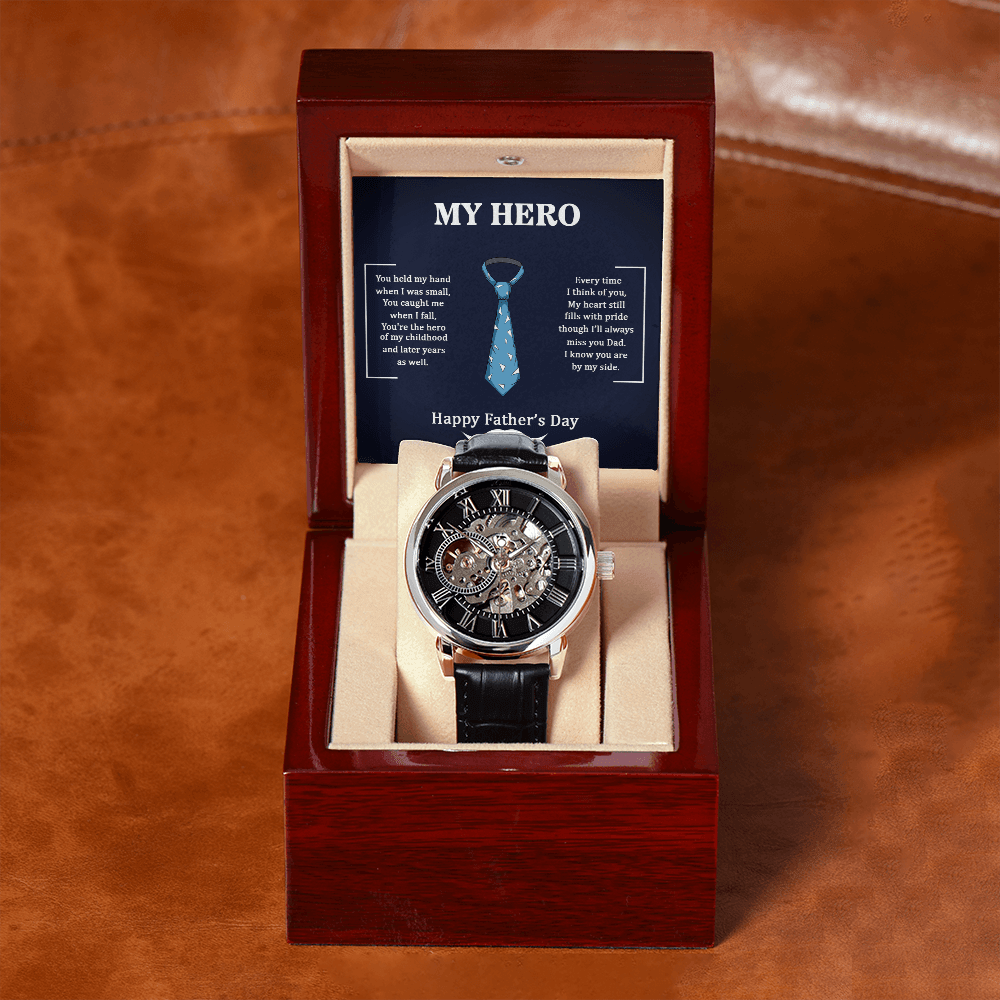 Dad My Hero Men's Openwork Watch With Mahogany Box-Express Your Love Gifts
