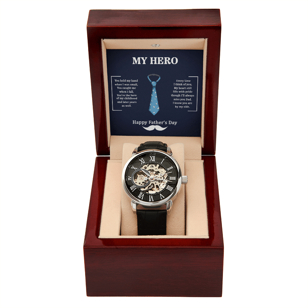 Dad My Hero Men's Openwork Watch With Mahogany Box-Express Your Love Gifts