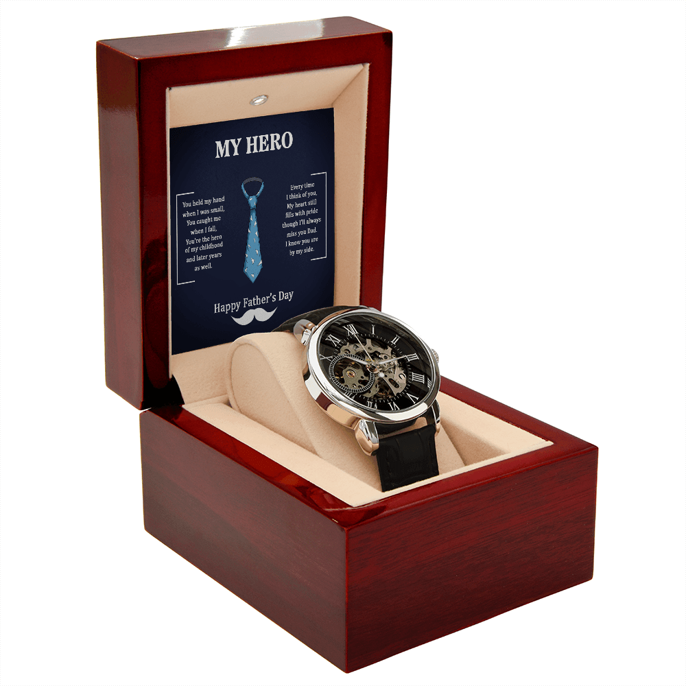 Dad My Hero Men's Openwork Watch With Mahogany Box-Express Your Love Gifts