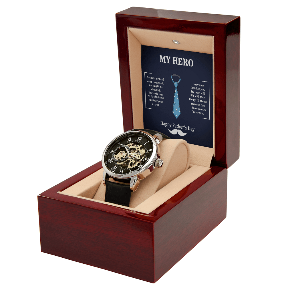 Dad My Hero Men's Openwork Watch With Mahogany Box-Express Your Love Gifts