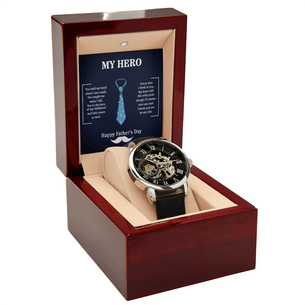 Dad My Hero Men's Openwork Watch With Mahogany Box-Express Your Love Gifts