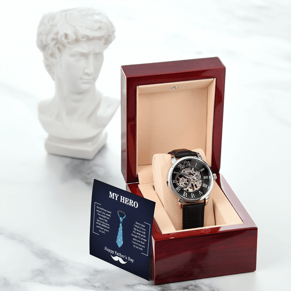 Dad My Hero Men's Openwork Watch With Mahogany Box-Express Your Love Gifts