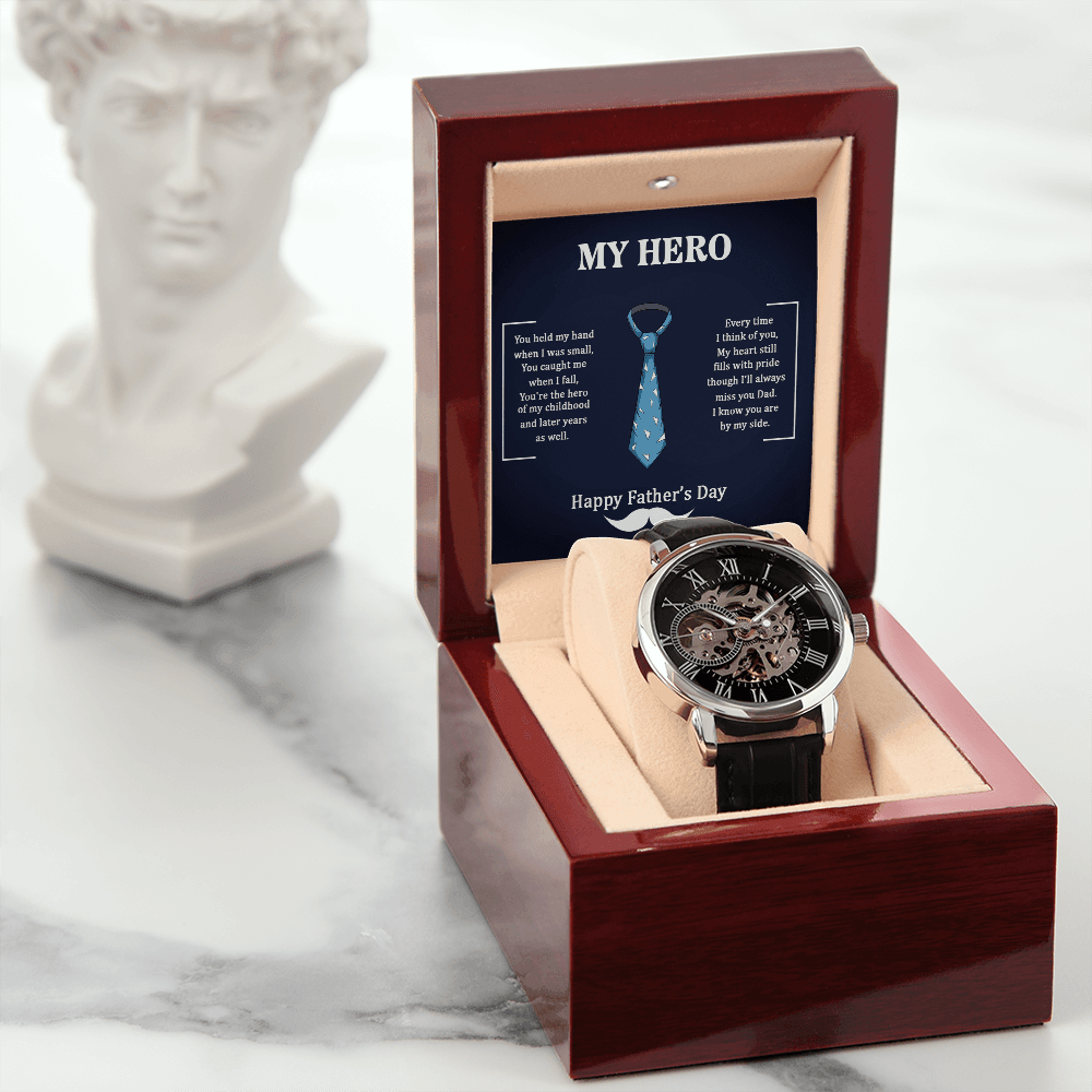 Dad My Hero Men's Openwork Watch With Mahogany Box-Express Your Love Gifts