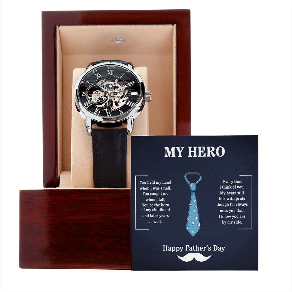 Dad My Hero Men's Openwork Watch With Mahogany Box-Express Your Love Gifts