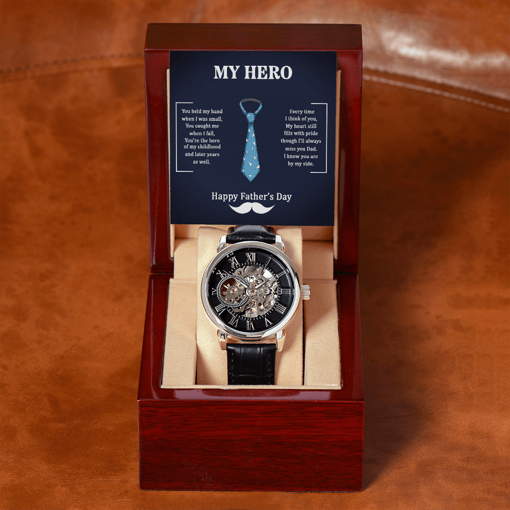 Dad My Hero Men's Openwork Watch With Mahogany Box-Express Your Love Gifts