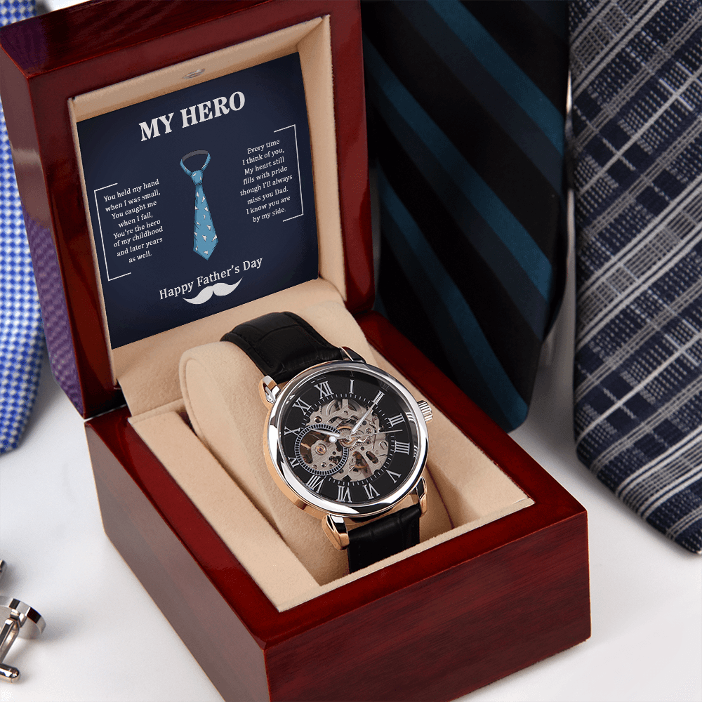 Dad My Hero Men's Openwork Watch With Mahogany Box-Express Your Love Gifts