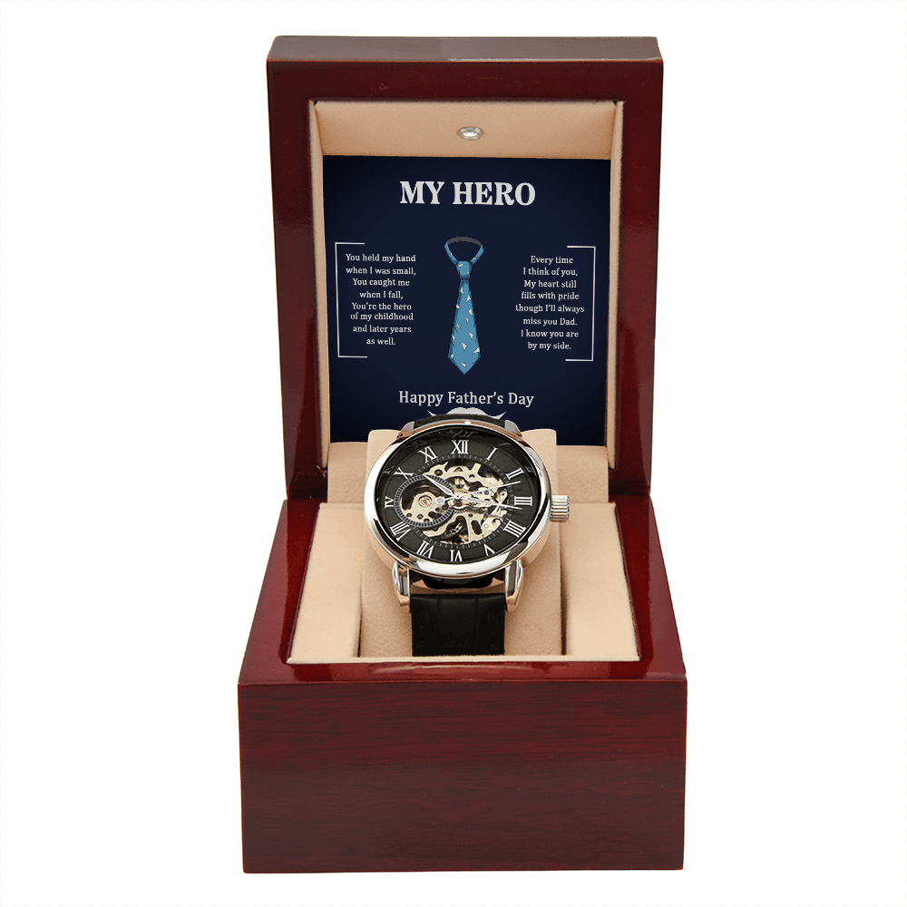 Dad My Hero Men's Openwork Watch With Mahogany Box-Express Your Love Gifts