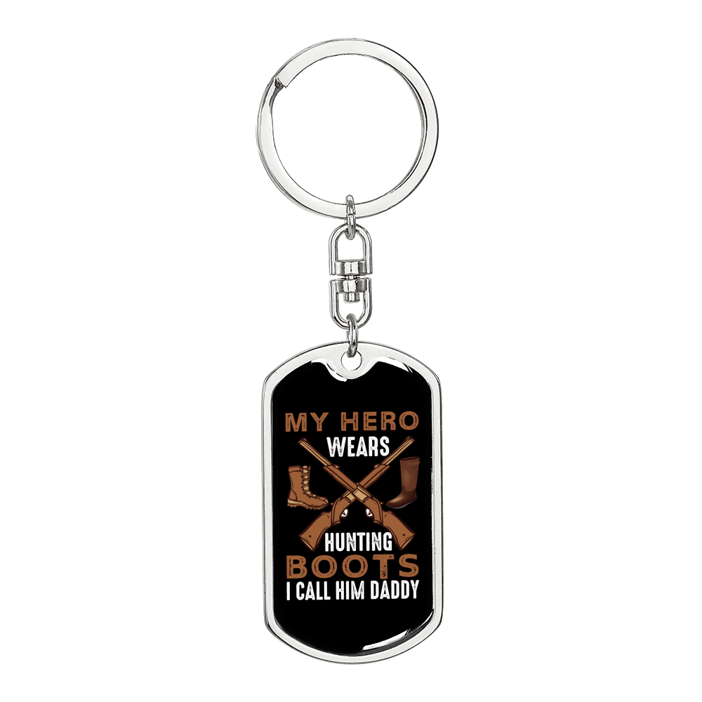 Dad My Hero Wears A Hunting Boot Keychain Stainless Steel or 18k Gold Dog Tag Keyring-Express Your Love Gifts