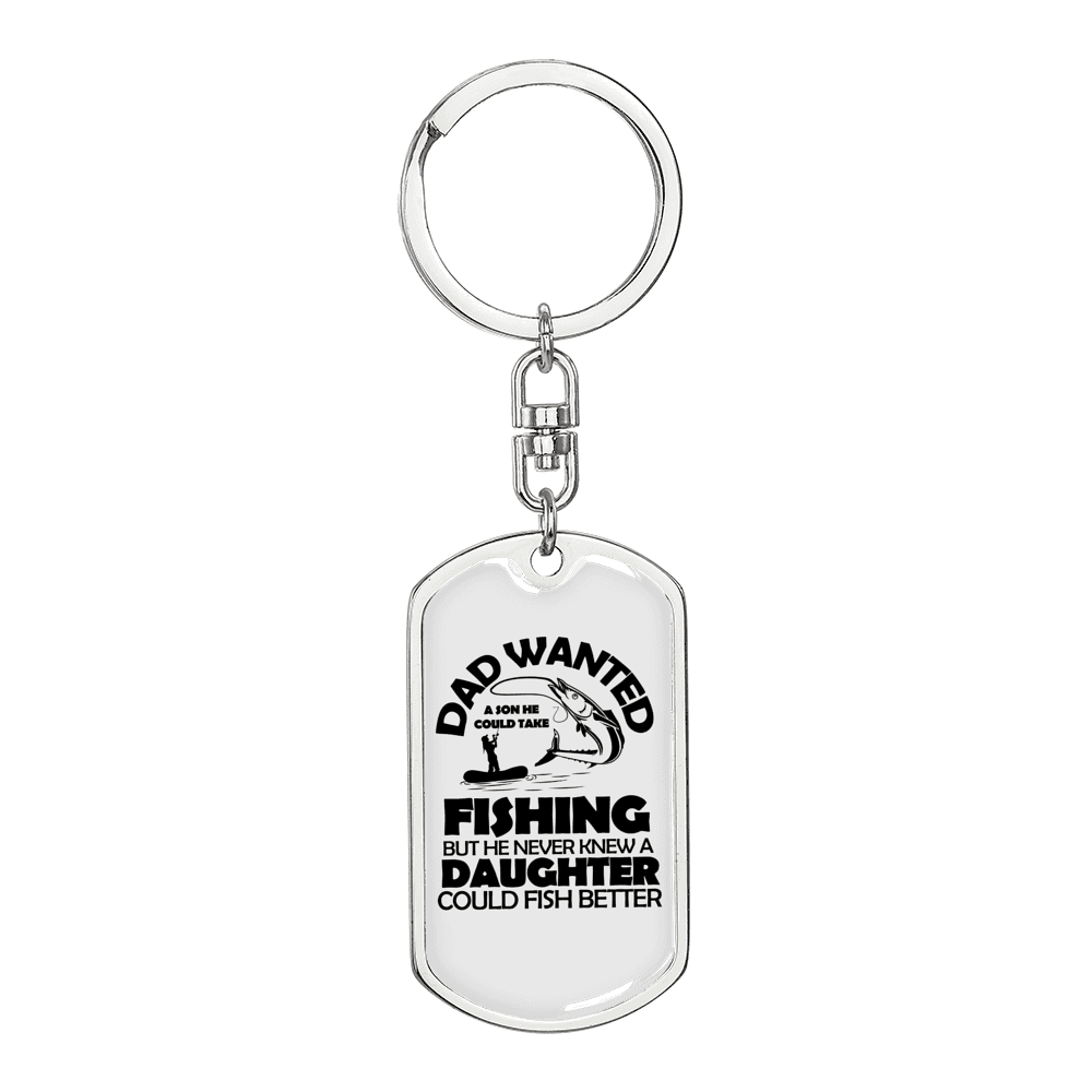 Dad Wanted Fishing Keychain Stainless Steel or 18k Gold Dog Tag Keyring-Express Your Love Gifts