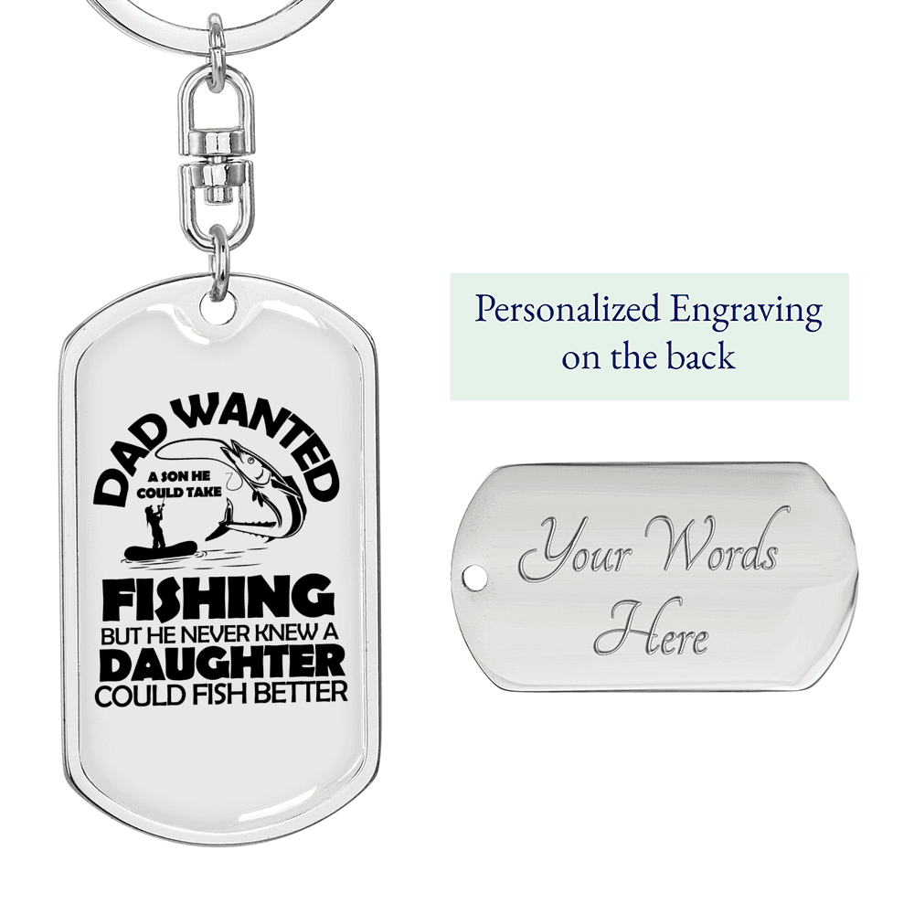 Dad Wanted Fishing Keychain Stainless Steel or 18k Gold Dog Tag Keyring-Express Your Love Gifts