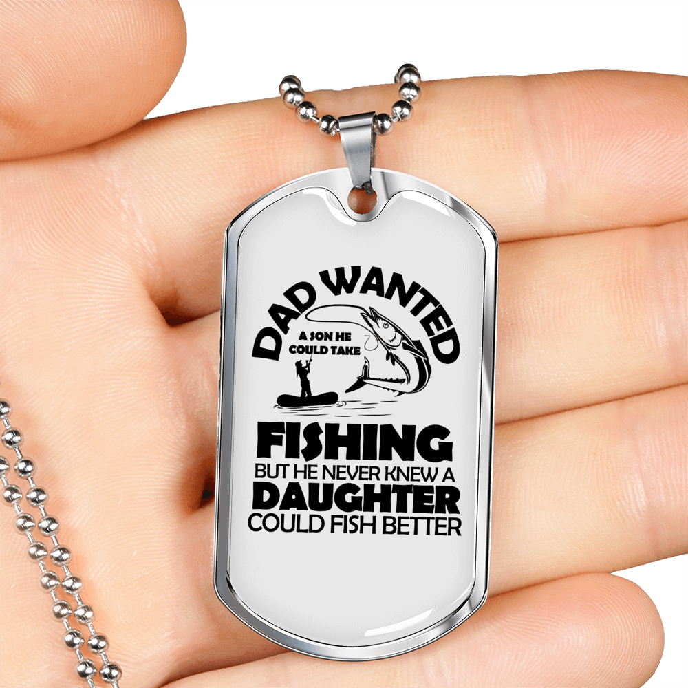 Dad Wanted Fishing Necklace Stainless Steel or 18k Gold Dog Tag 24" Chain-Express Your Love Gifts