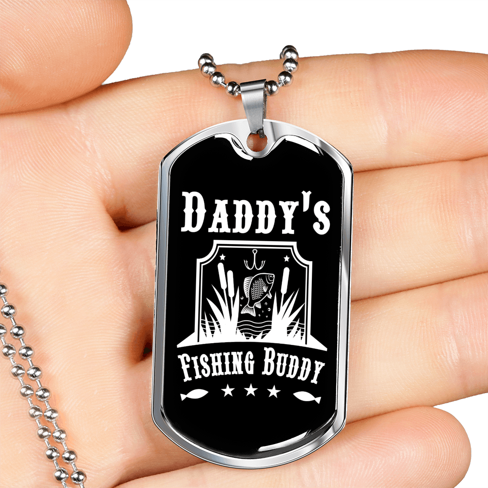 Daddy's Fishing Buddy White Necklace Stainless Steel or 18k Gold Dog Tag 24" Chain-Express Your Love Gifts