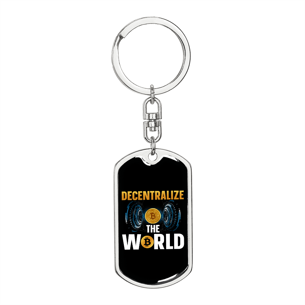 Decentralize The World Crypto Keychain Stainless Steel or 18k Gold Dog Tag Keyring-Express Your Love Gifts