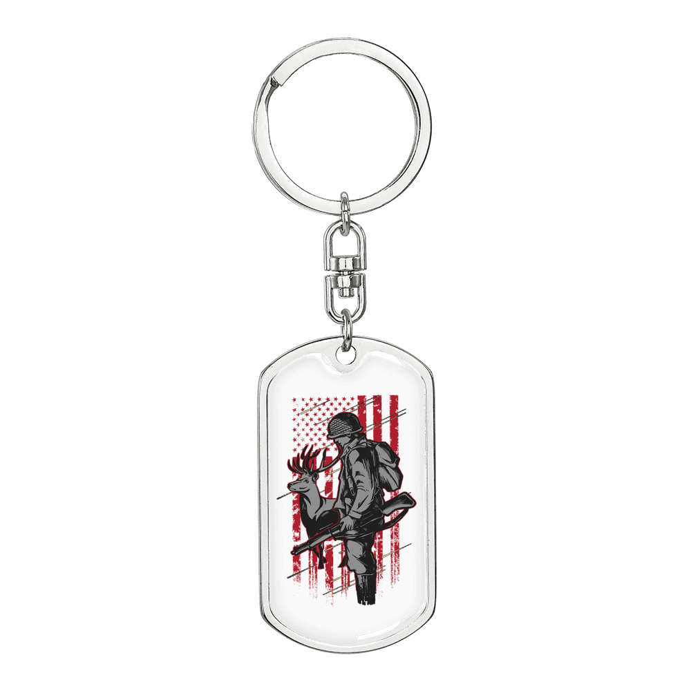 Deer Hunter Flag Keychain Stainless Steel or 18k Gold Dog Tag Keyring-Express Your Love Gifts