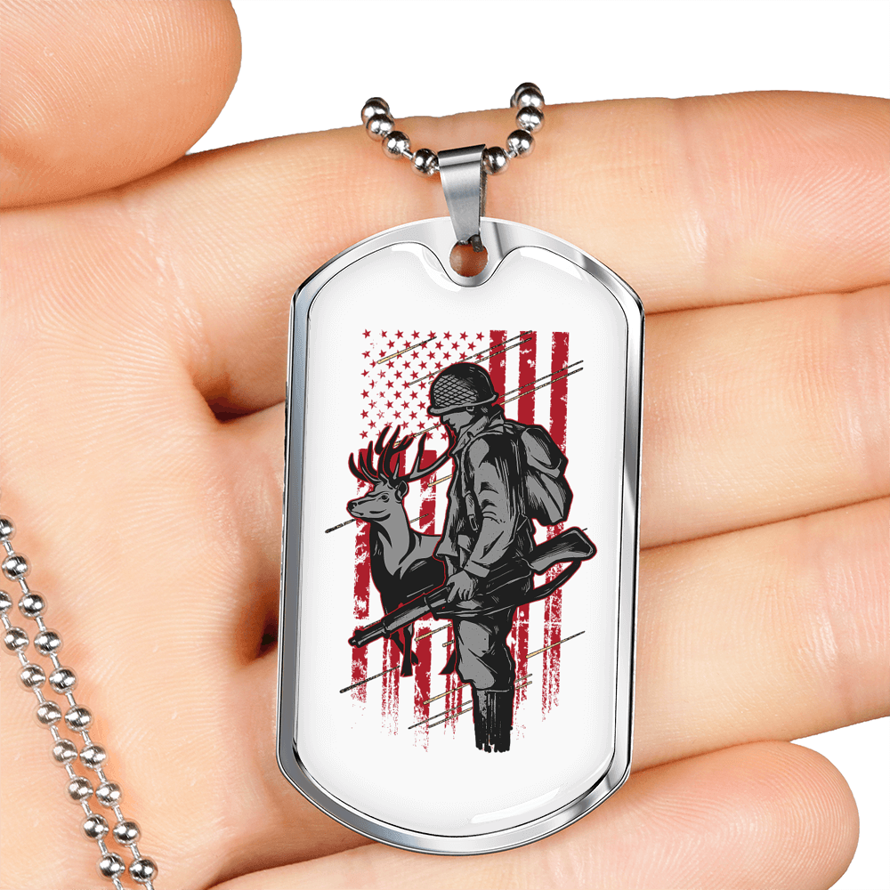 Deer Hunter Flag Necklace Stainless Steel or 18k Gold Dog Tag 24" Chain-Express Your Love Gifts