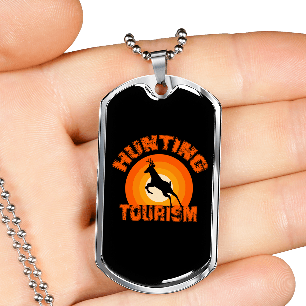 Deer Hunting Tourism Necklace Stainless Steel or 18k Gold Dog Tag 24"-Express Your Love Gifts