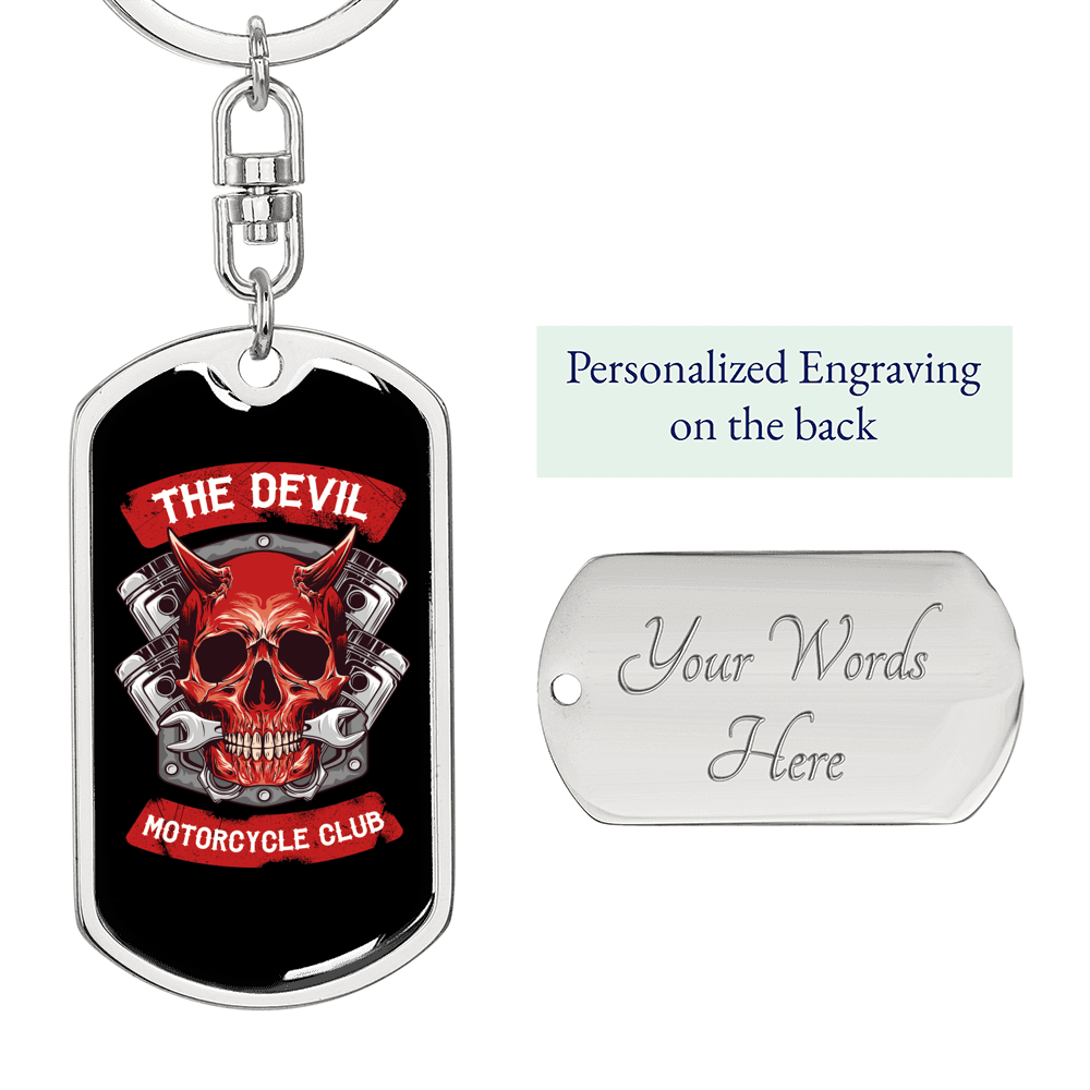Devil Motorcycle Club Keychain Stainless Steel or 18k Gold Dog Tag Keyring-Express Your Love Gifts