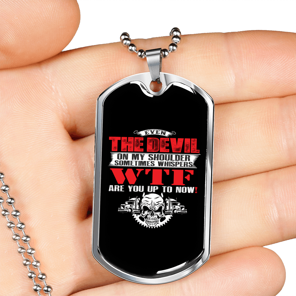 Devil Shoulder Trucker Dog Tag Stainless Steel or 18k Gold 24" Chain-Express Your Love Gifts