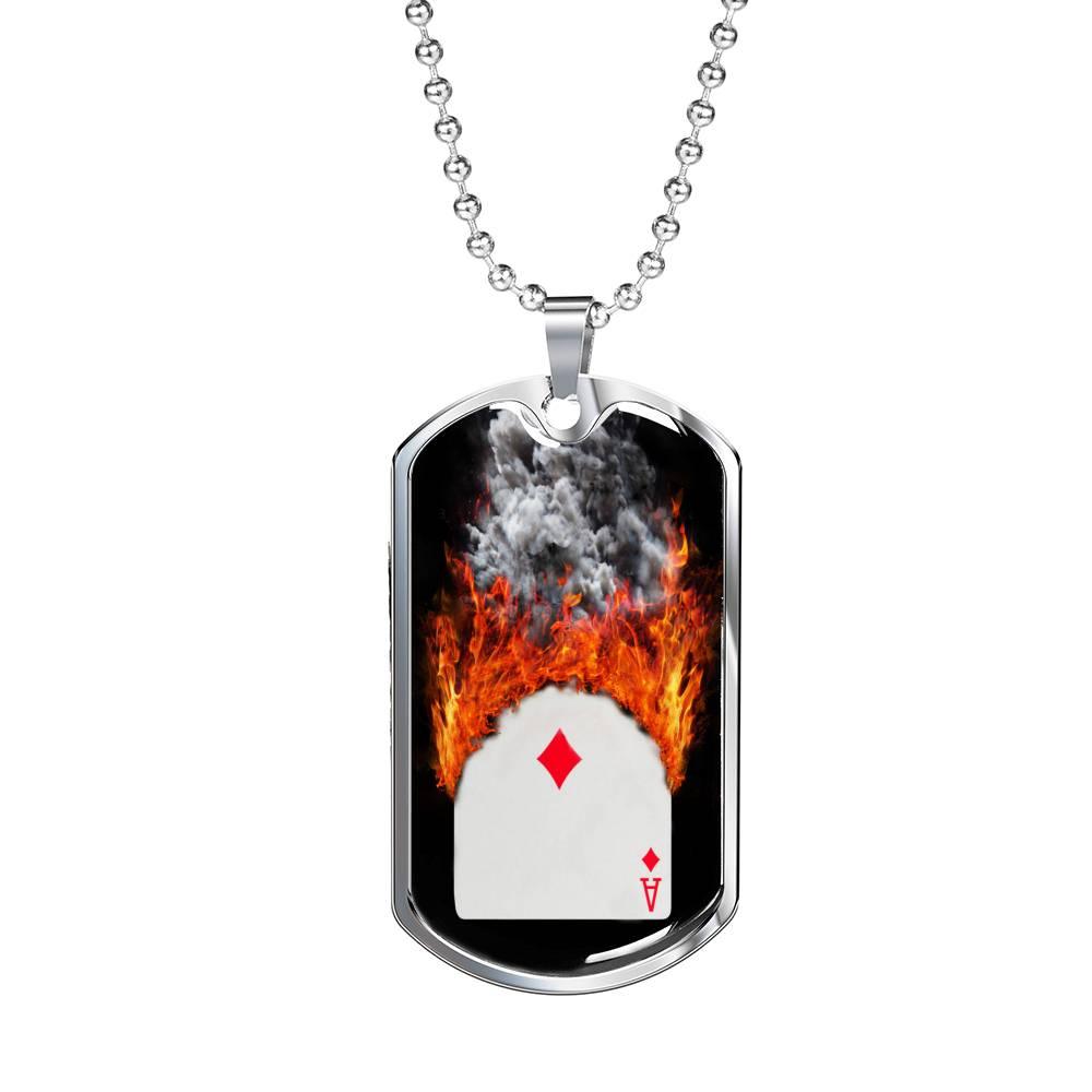 Diamond On Fire Dog Tag Stainless Steel or 18k Gold 24" Chain-Express Your Love Gifts