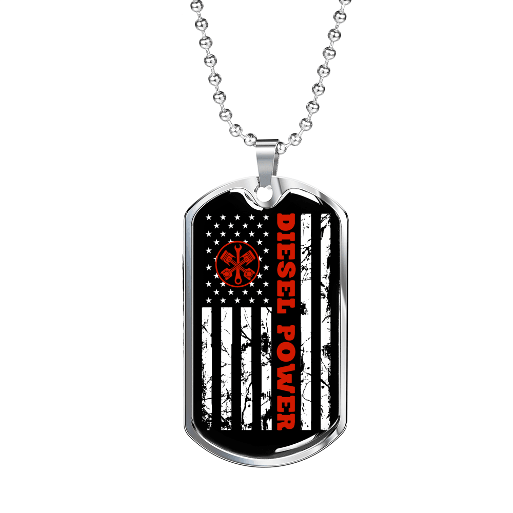 Diesel Power Distressed Dog Tag Stainless Steel or 18k Gold 24" Chain-Express Your Love Gifts